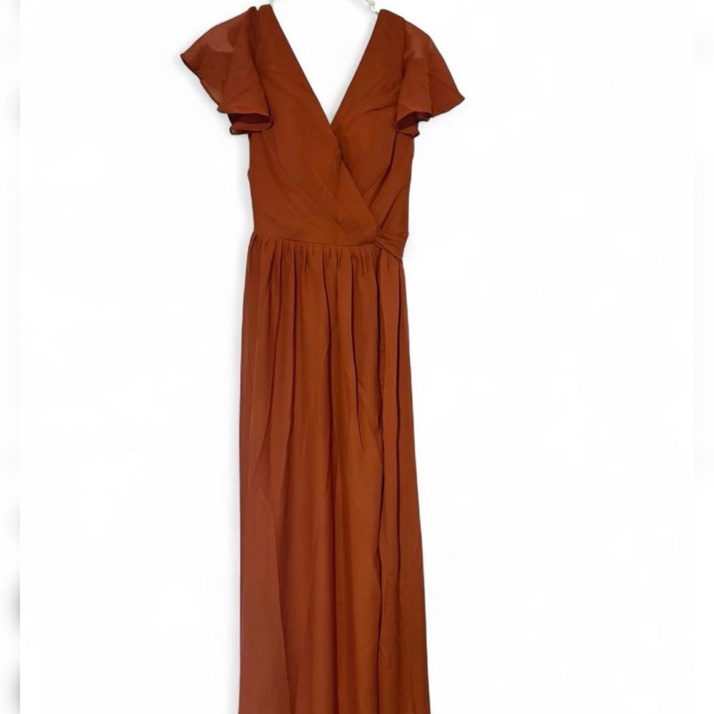 Flutter Sleeve Wrap Maxi Dress in Rust Brown size like M-L